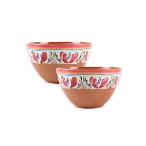 set of small melamine plastic dipping bowls for outdoor dining, with a red Mediterranean inspired design