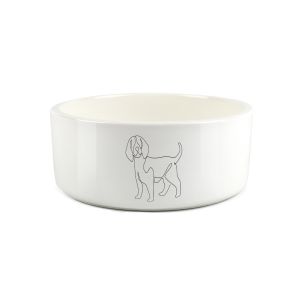 white ceramic large dog food bowl with fine line drawing of a beagle dog