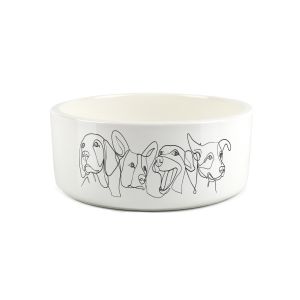 white ceramic large dog food bowl with fine line drawings of happy dog faces