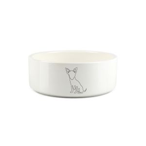 small white ceramic pet food bowl with delicate fine line drawing of a chihuahua dog