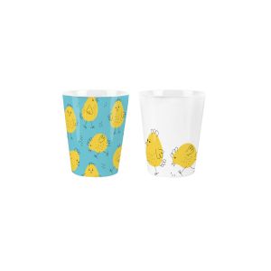 Set of two ceramic egg cups, both featuring fun chicken doodle designs, presented in a giftbox.