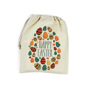 Polyester bag with a drawstring top, with text reading Happy Easter and an Easter eggs pattern