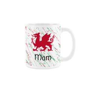 White ceramic mug with a red welsh dragon,splattered red and green background and mam (mum) text