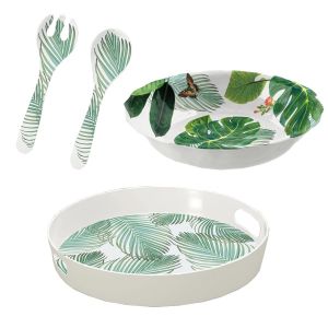 Epicurean Amazon Floral Melamine 3 Piece - Salad Bowl & Servers with Tea Tray Set