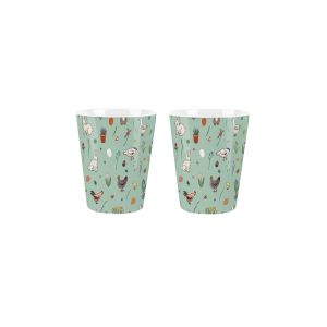 Set of 2 ceramic egg cups with a cute Easter themed pattern on a mint green background.