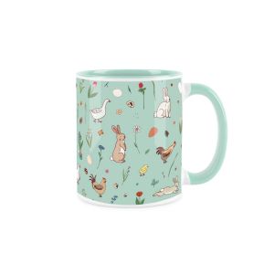 Ceramic mug with a mint green handle and background, displaying a sweet Easter animals and spring flowers pattern.
