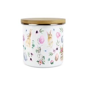 Enamel and bamboo storage jar printed with bunnies and Easter eggs