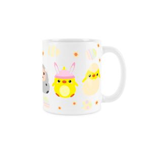 Whiter ceramic mug with a cute pattern featuring cartoon style baby Easter themed animals, stars and easter eggs.