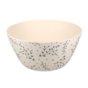 Large salad bowl made from recycled plastic, featuring a moss green foliage print on a cream background.