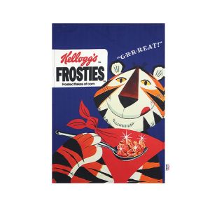 Deep blue cotton tea towel, printed with a vintage box of frosties cereal and the frosties tiger