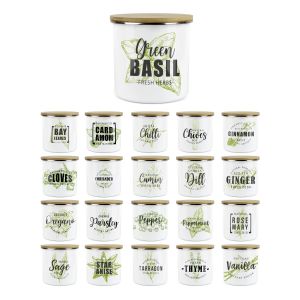 a set of white mini herb storage canisters with bamboo lids and green labels