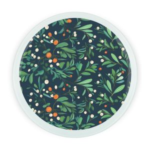 Round textured glass chopping board with dark mistletoe design