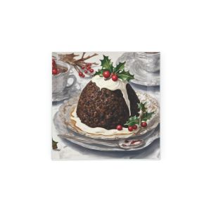 a small square glass hot pot stand with a picture of a christmas pudding