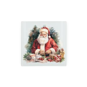 a square glass hot pot stand with an image of Father Christmas