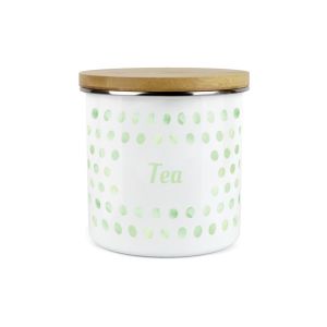 a green and white polka dot print tea storage canister with a bamboo lid