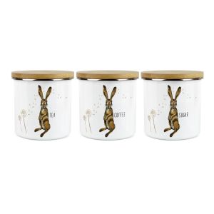 set of three tea, coffee and sugar canisters with a painted hare design
