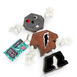 A jute fibre and suede dog chew toy, designed in the shape of a robot.
