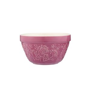 small stoneware mixing bowl/pudding basin in a mulberry purple, with an embossed floral print