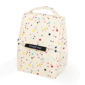 Light cream coloured kids lunch bag with colourful scattered star print. Perfect for keeping food and drinks fresh and cool with an insulated lining