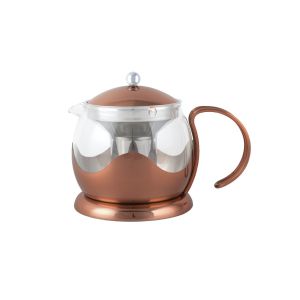 small round copper and glass teapot with mesh filter