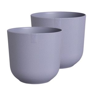 two large plastic indoor plant pots, with a purple textured finish