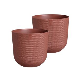a set of 2 recycled plastic plant pots with a textured finish, in deep red
