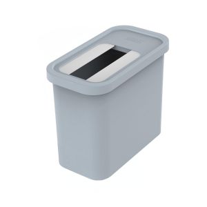 Grey plastic compost caddie on a white background.