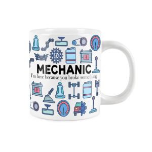 Extra large mug with mechanic tex and slogan print and car illustrations
