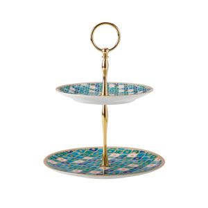 a two tier porcelain cake stand with a Moroccan inspired blue & green pattern