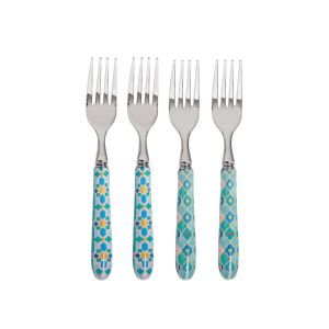 set of four metal & porcelain cake forks with a mint green moroccan print