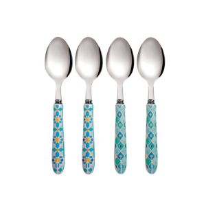 set of four stainless steel teaspoons with mint green patterned handles
