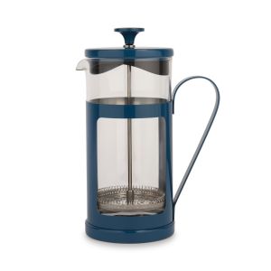 a large navy blue metal & glass cafetiere