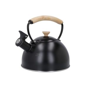 stainless steel stovetop whistling kettle finished with a wooden handle and latte cream coloured coating