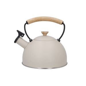 stainless steel stovetop whistling kettle finished with a wooden handle and latte cream coloured coating