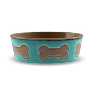 large melamine plastic dog food bowl with teal bone print and brown inner