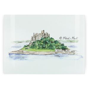Large glass cutting board with watercolour painting of st michaels mount