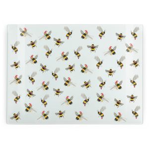 large glass worktop saver with a novelty Christmas bee print