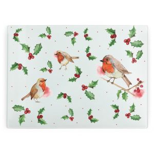 large glass christmas worktop protector with a festive robins & holly print