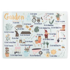 Purely Home Large Rectangular Glass Chopping Board - Gardening Alphabet