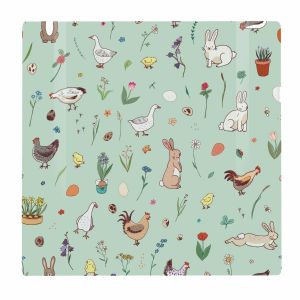 Square tempered glass worktop protector with a fun Easter themed print, featuring animals, flowers and more on a mint green background.