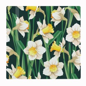 Square tempered glass worktop protector covered in a poster style  daffodils print.