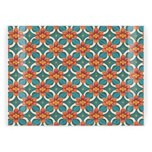 orange and blue floral tile printed glass chopping board