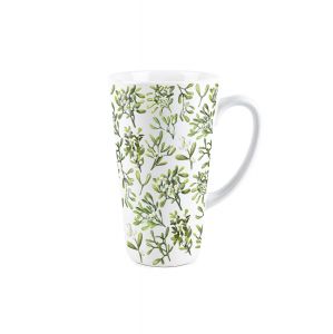 a white ceramic tall latte mug with a Christmas mistletoe print