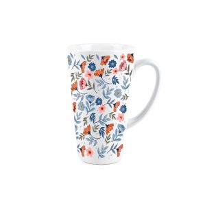 Tall latte mug with blue and orange floral print