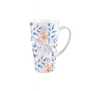 blue and orange watercolour flower print tall latte mug