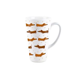 Tall latte mug with spotted dachshund animation print