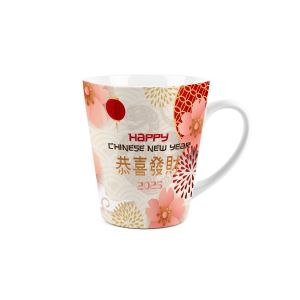 White ceramic mug featuring a pink and red oriental themed design with a snake in the background