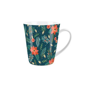 ceramic latte style mug with a green & red Christmas Poinsettia flower design
