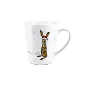 small white ceramic latte mug with a festive hare design