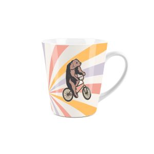 a novelty vintage circus design latte coffee mug, with colourful stripes and a bear riding a bike